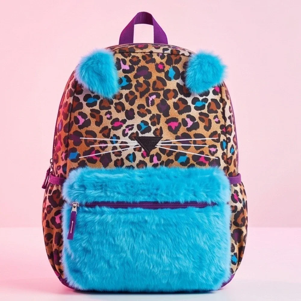 Girls Leopard Print Cat Backpack Teal Faux Fur Ears You're Purrfect 16